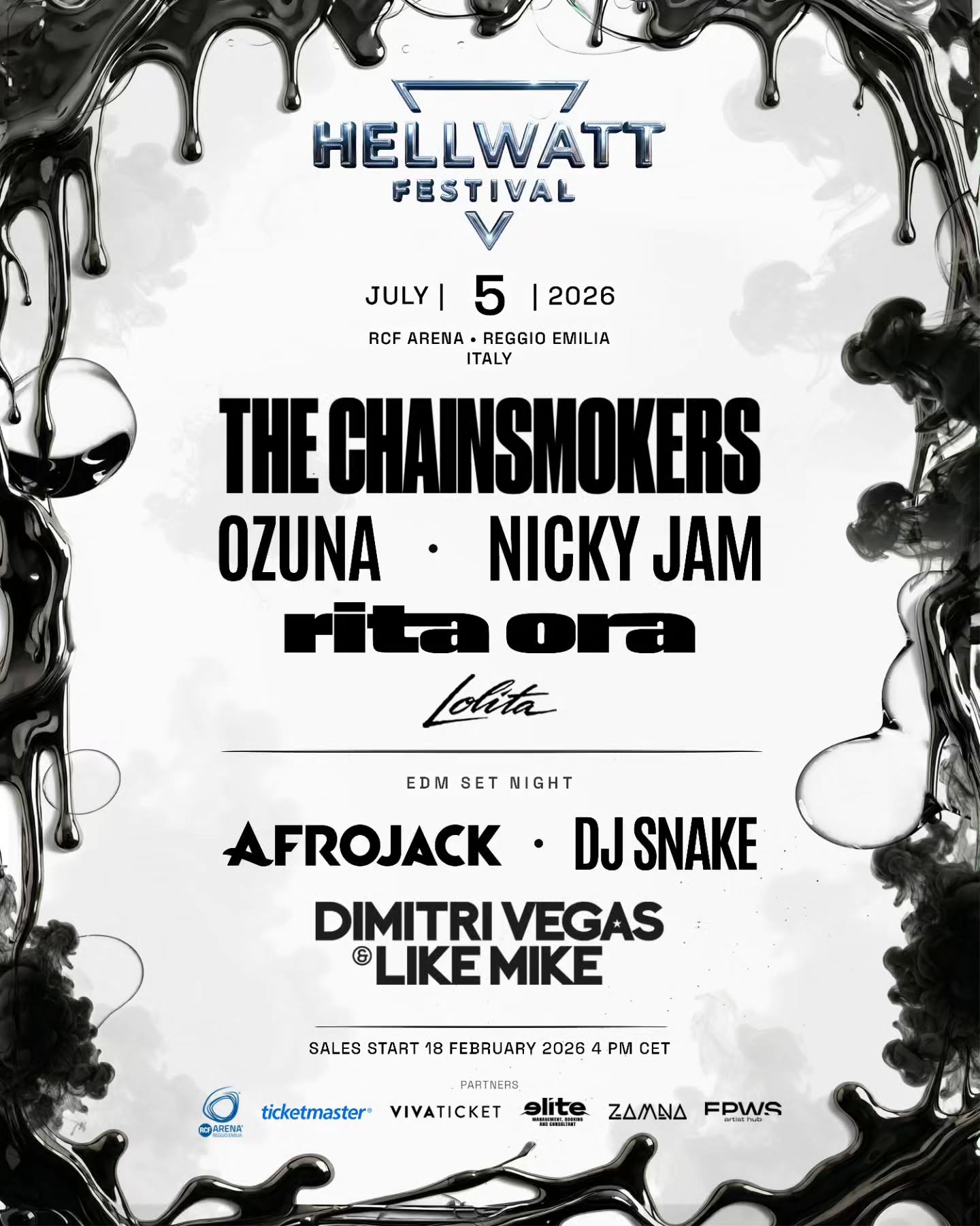 Affiche Hellwatt Festival – 5 juillet 2026, The Chainsmokers, DJ Snake, Afrojack